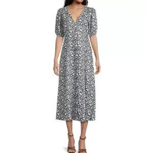 Faherty Women's Havana Floral Linen Blend Midi Dress XXS Green Puff Sleeve